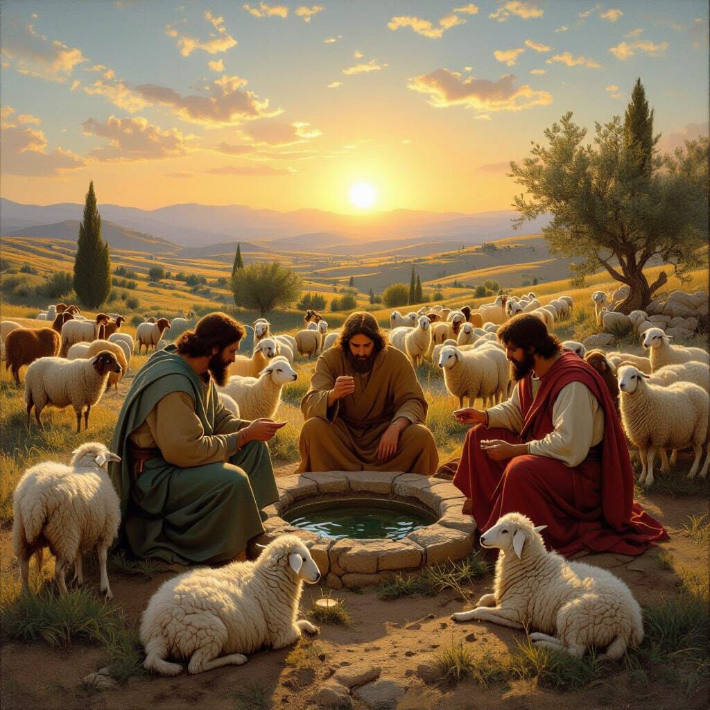 Shepherds and Sheep at Oasis in Fra Angelico Style