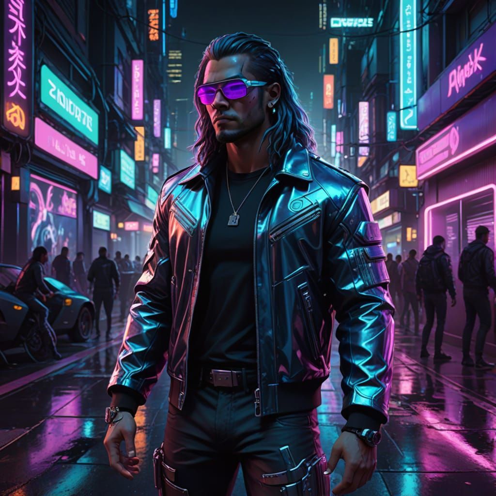 Cyberpunk Wrestler in Neon-Lit Cityscape