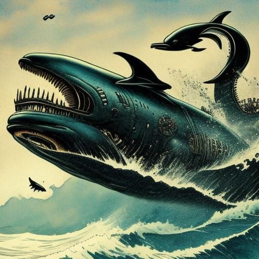 Killer Whale Breaching: Steampunk Watercolor Portrait