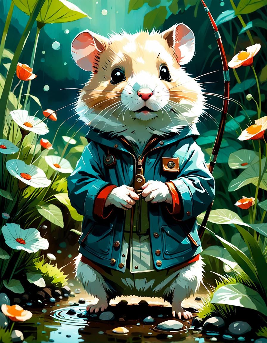 Adorable Hamster Fisherman in Garden, Digital Art
