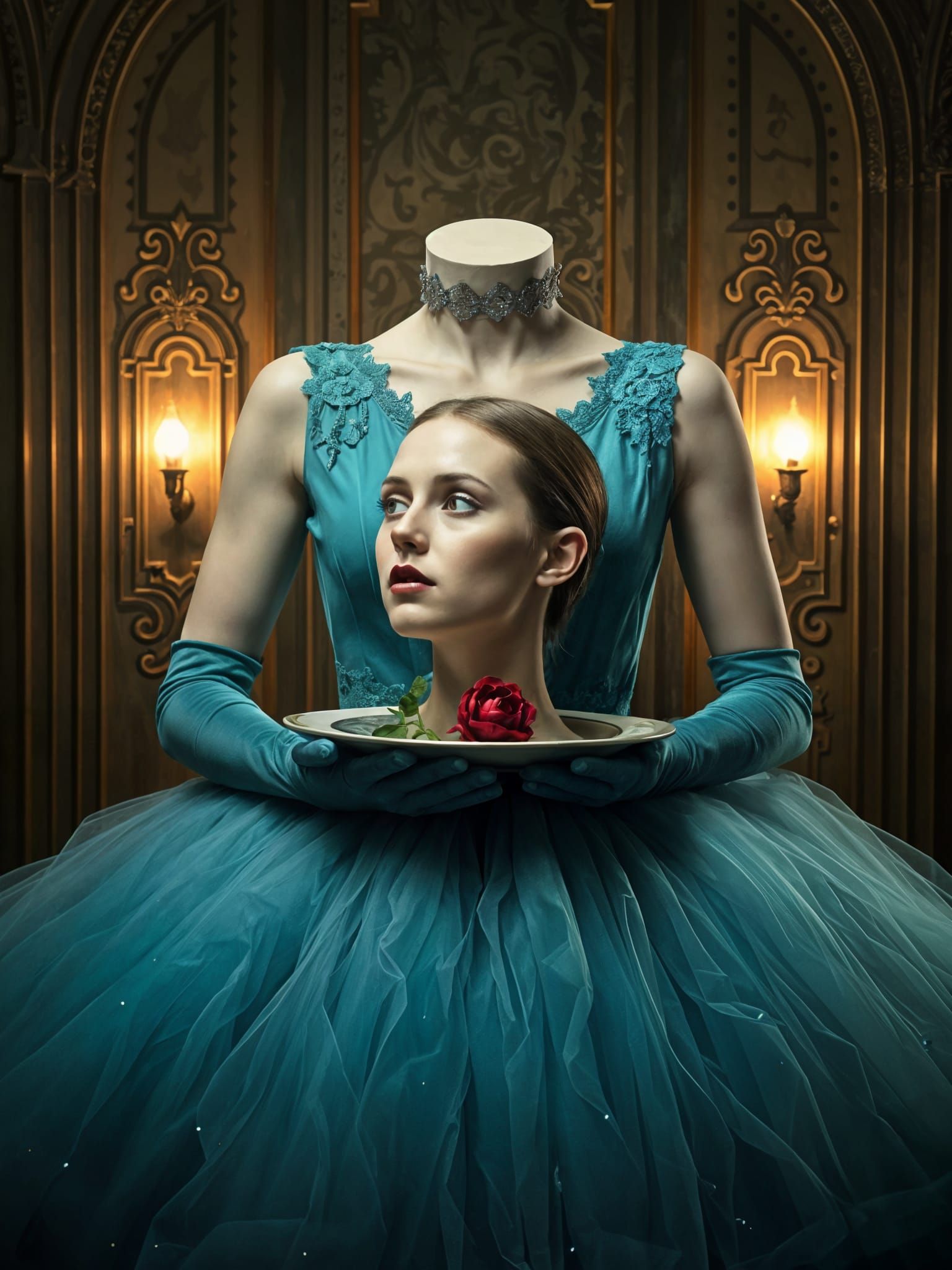 Headless Woman with Turquoise Dress in Art Deco Setting