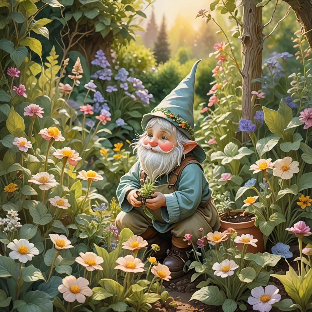 Charming Gnome Garden in Watercolor Style