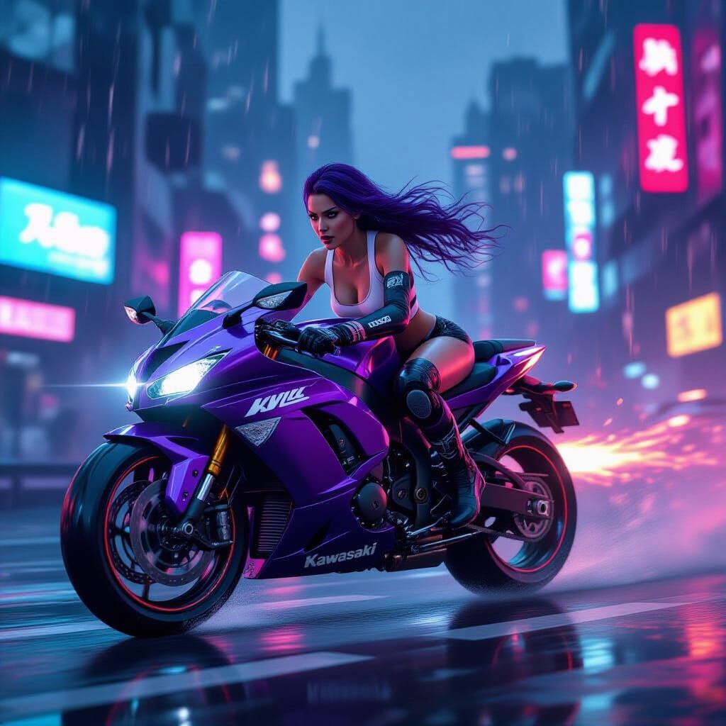 Cyberpunk Biker Races Through Neon Cityscape