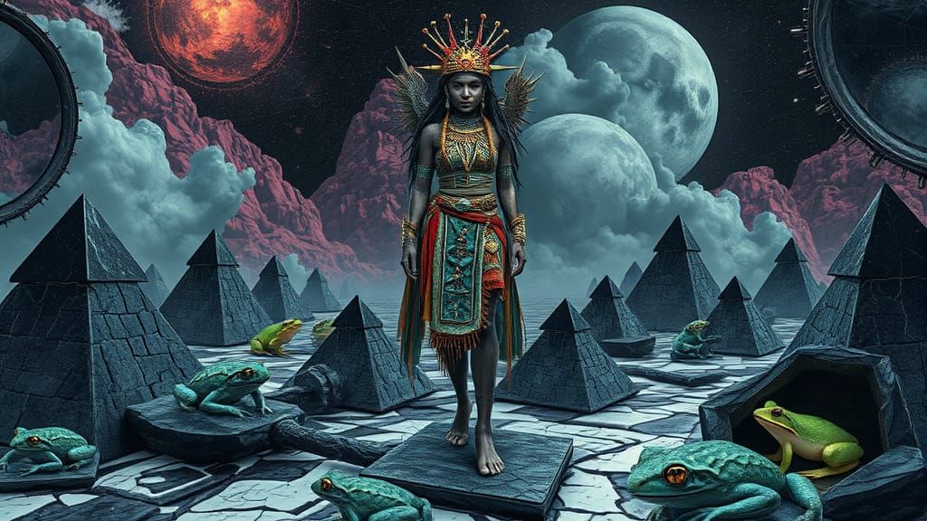 Surreal Mystic Embodies Tribal Patterns on Pyramids