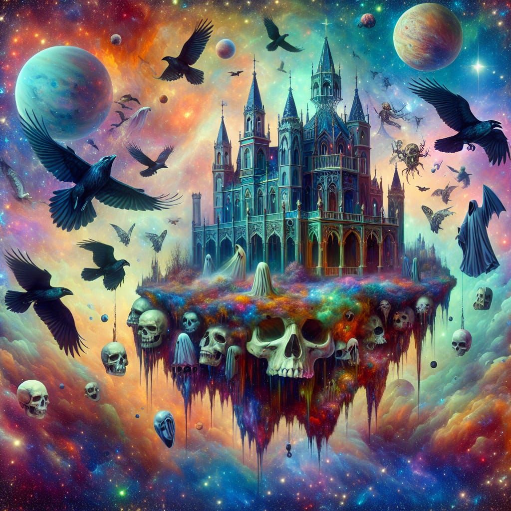 Surreal Floating Castle with Cosmic Entities, Hyperrealistic...