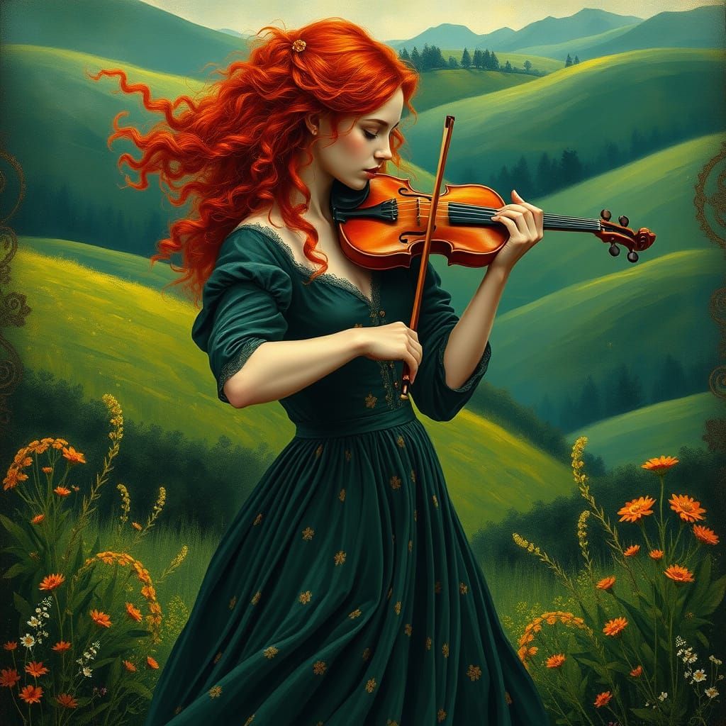 Surreal Irish Fiddle Player in a Mystical Garden