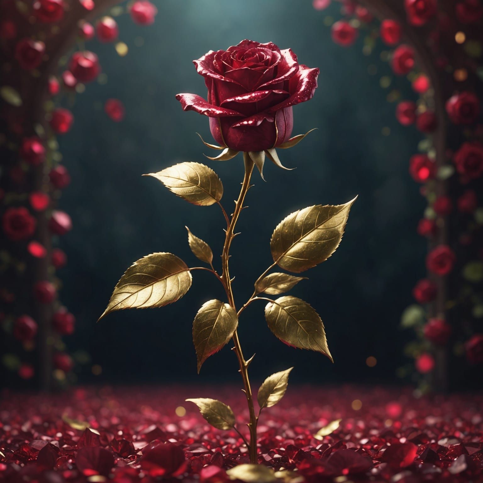 Ruby and Gold Rose Against Ethereal Background