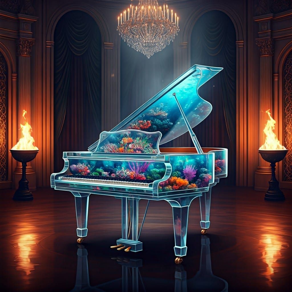 Surreal Glass Piano Concerto Amidst Coral Reef
