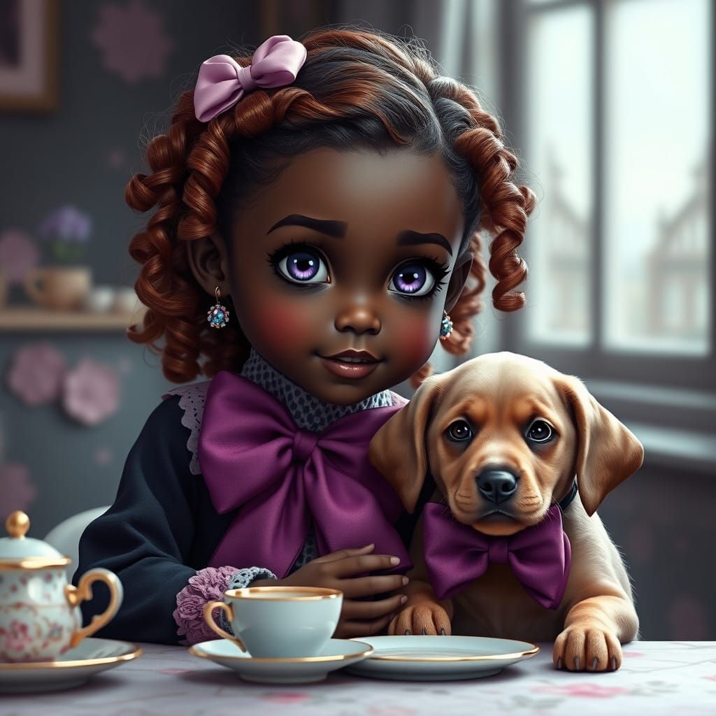 Formal Tea Time Scene in Vibrant Colors with Labrador Puppy