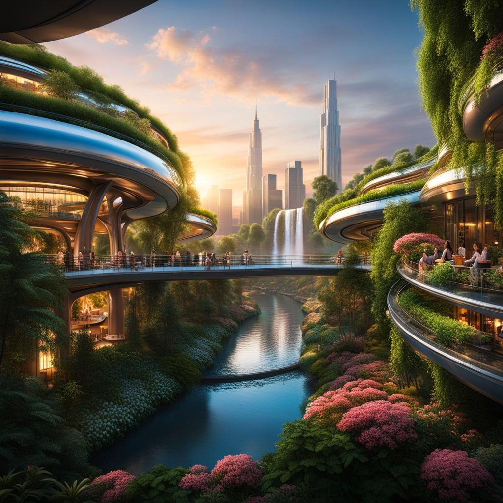 Futuristic Utopian City at Magic Hour