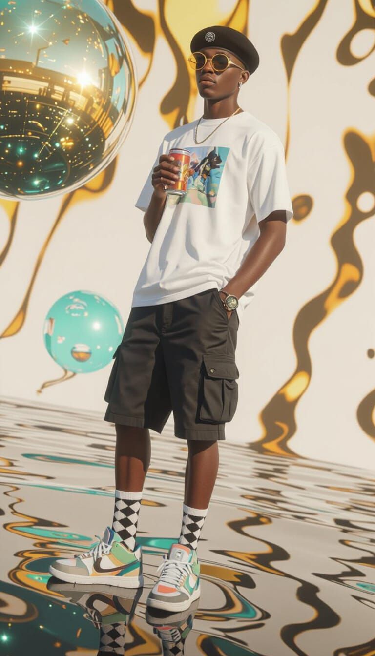 Confident Man in Streetwear with Surreal Glowing Orb