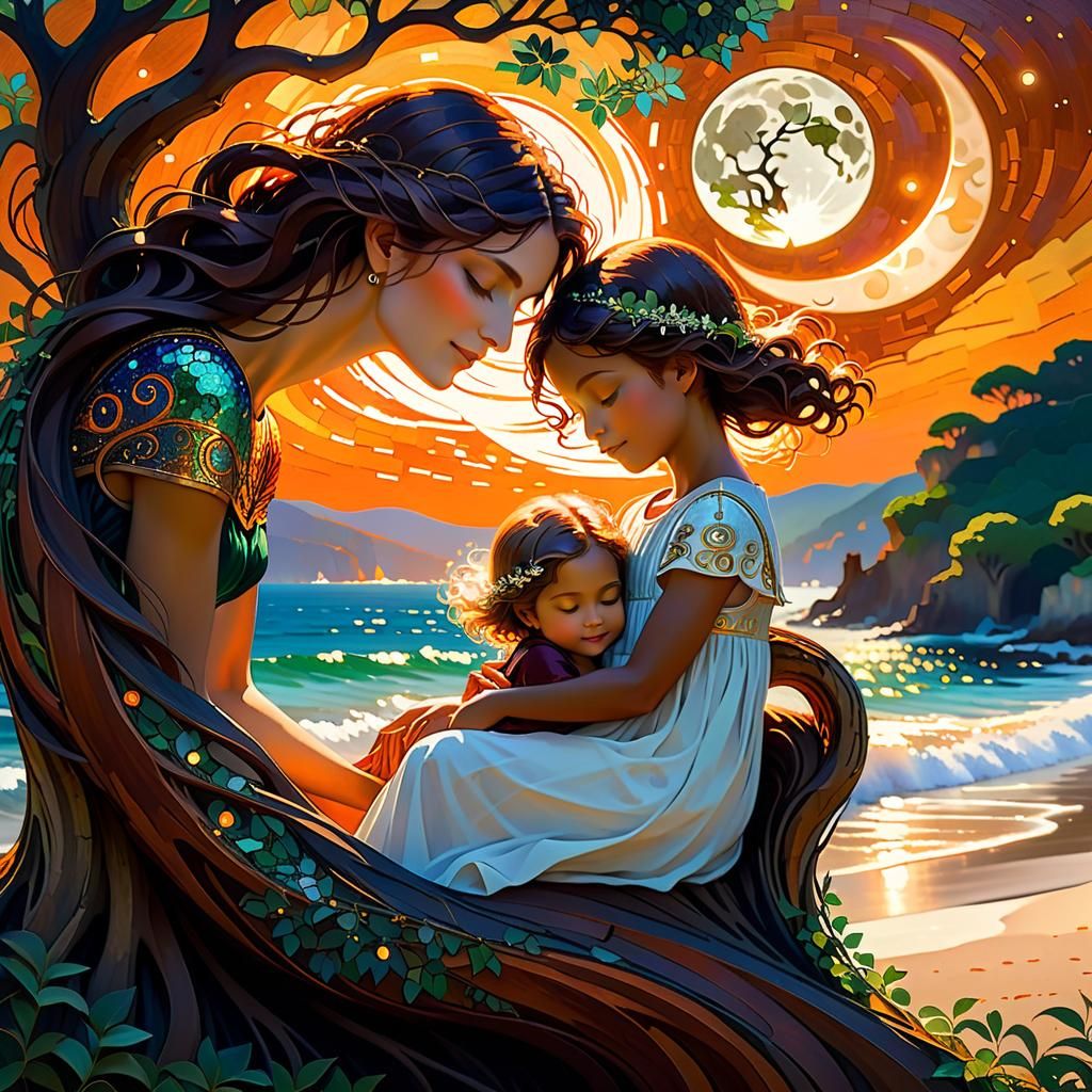 Mother and Child in Sunlit Landscape, Klimt Style