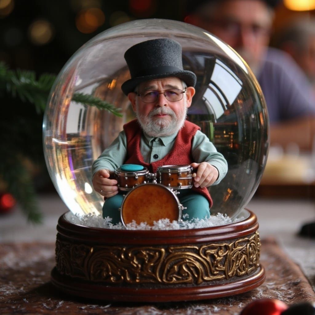 Man on Drums in Snow Globe, Intricately Detailed