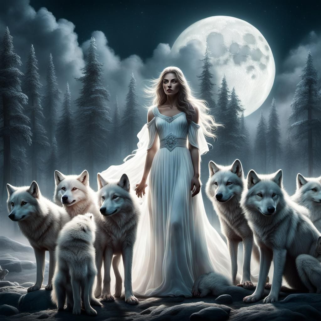 Ethereal Woman with Wolves Under Moonlight