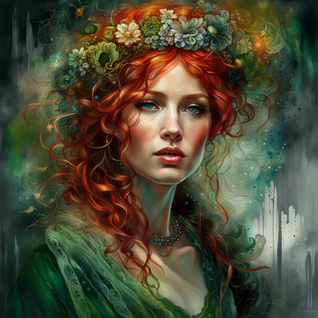 Redhead with Flower Crown in Medieval Style