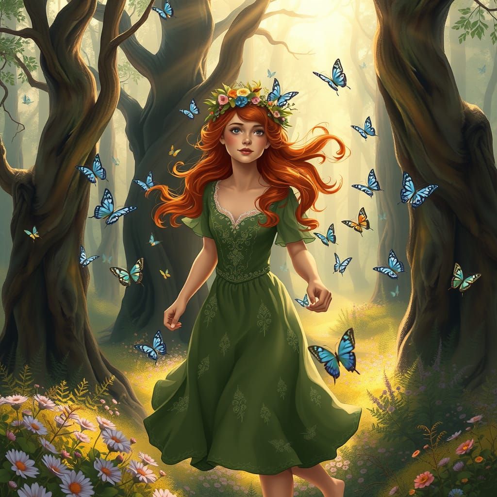 Enchanted Forest Maiden in Whimsical Moss Green Gown