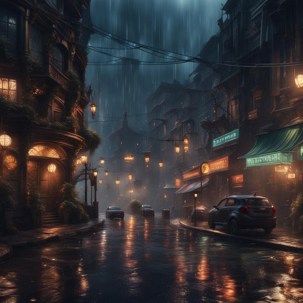 Rainy Night Cityscape: Detailed Fantasy Concept Art
