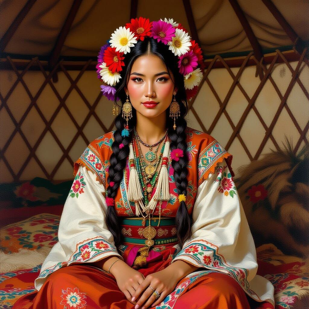 Asian Shaman in Yurt, Realistic Oil Painting