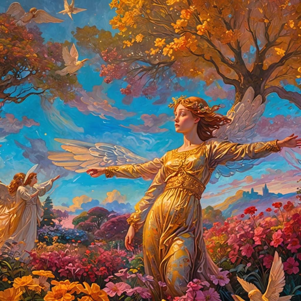 Angels and Humans in Lush Garden Painting