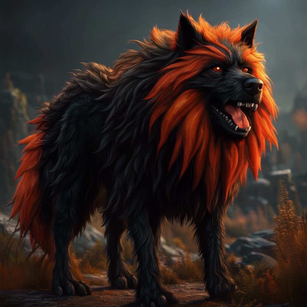 Large Black Canine with Red Eyes: Fantasy Concept Art