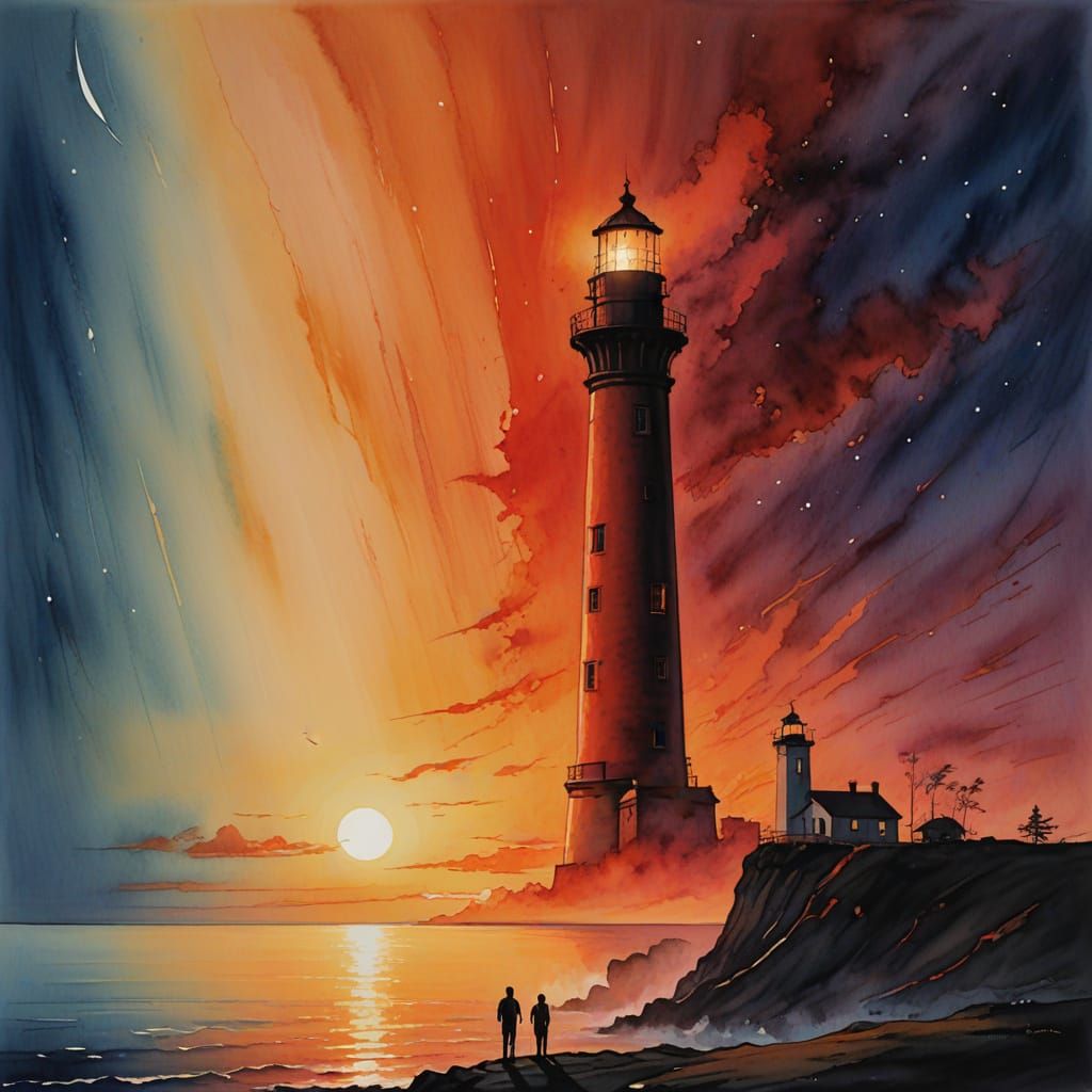 A lone figure stands at a lighthouse, watching a striking sk...