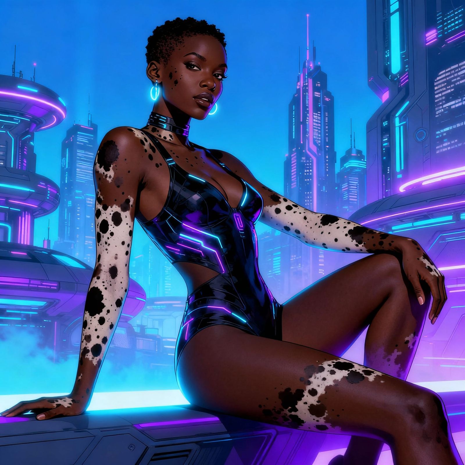 Black Model with Vitiligo in Sci-Fi Cityscape