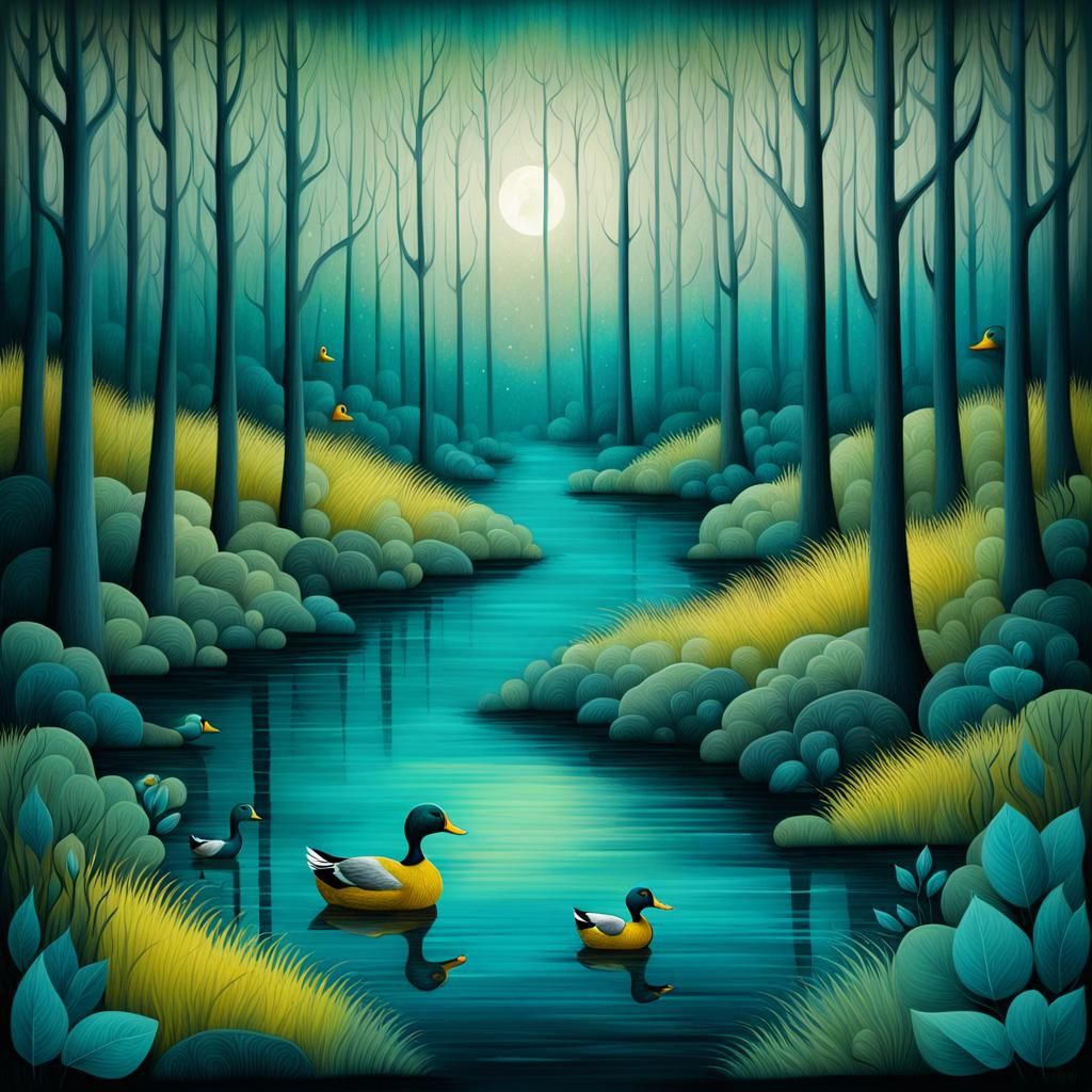 Yellow Ducks Wander Through Vivid Forest Illustration
