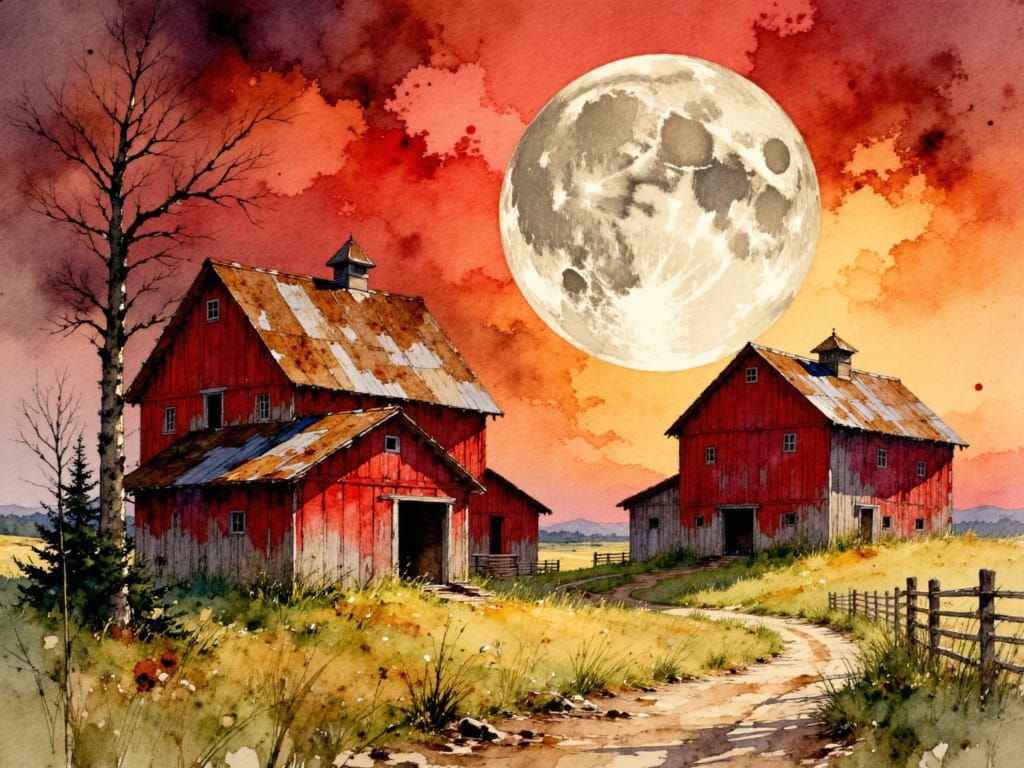 Rustic Barns Under Dramatic Red Moonlit Sky