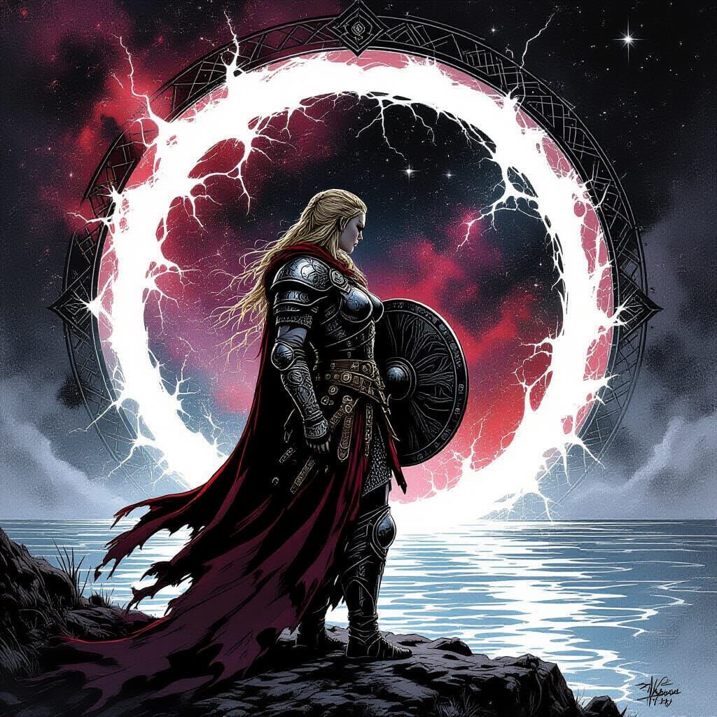 Viking Shield Maiden at Arcane Portal in Pen and Ink