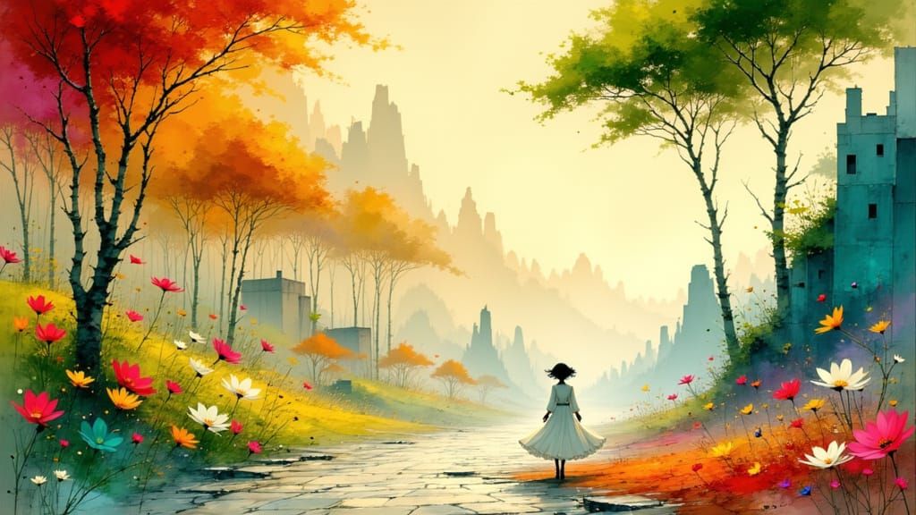 Whimsical Woman in a Vibrant Town