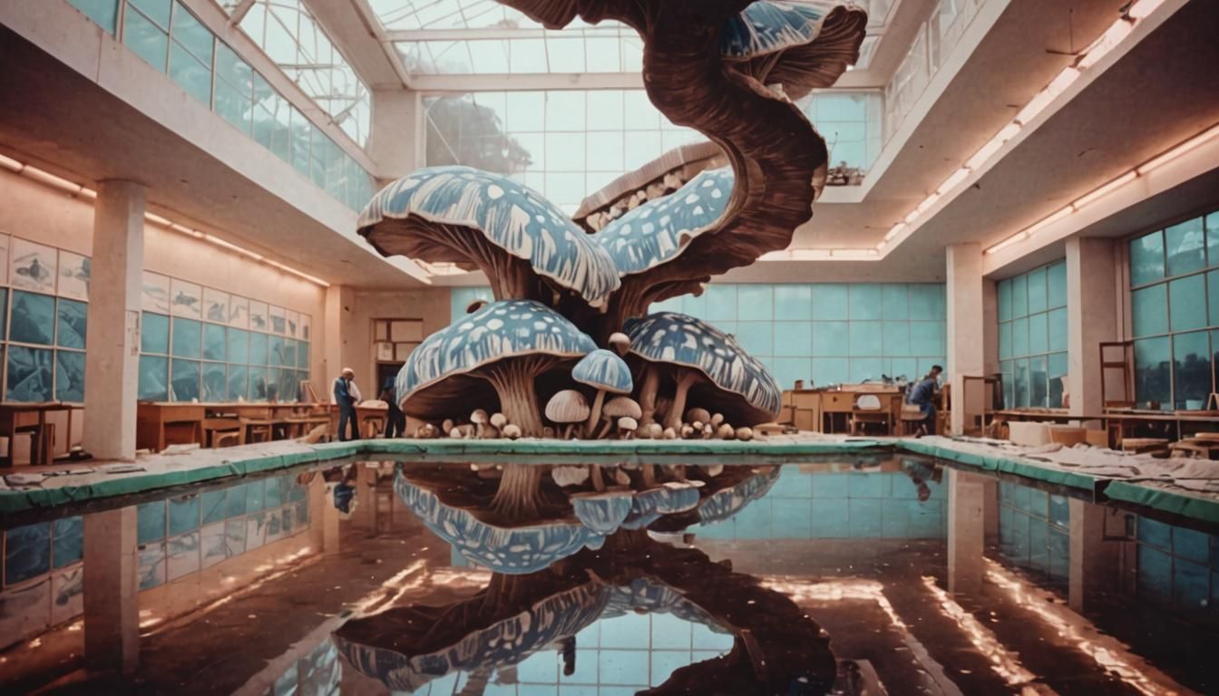 Linocut Print of Activists Tending Giant Mushrooms
