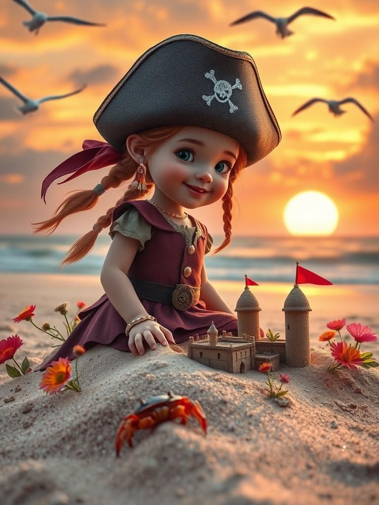 Pirate Girl's Sunrise Sandcastle: Photorealistic Seaside Daw...