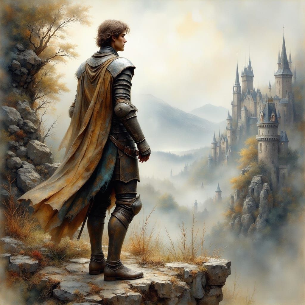 Knight Gazing at Misty Valley in Watercolor Style