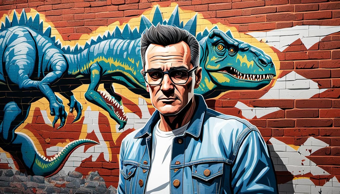 Morrissey in Comic Book Style with Dinosaur Mural