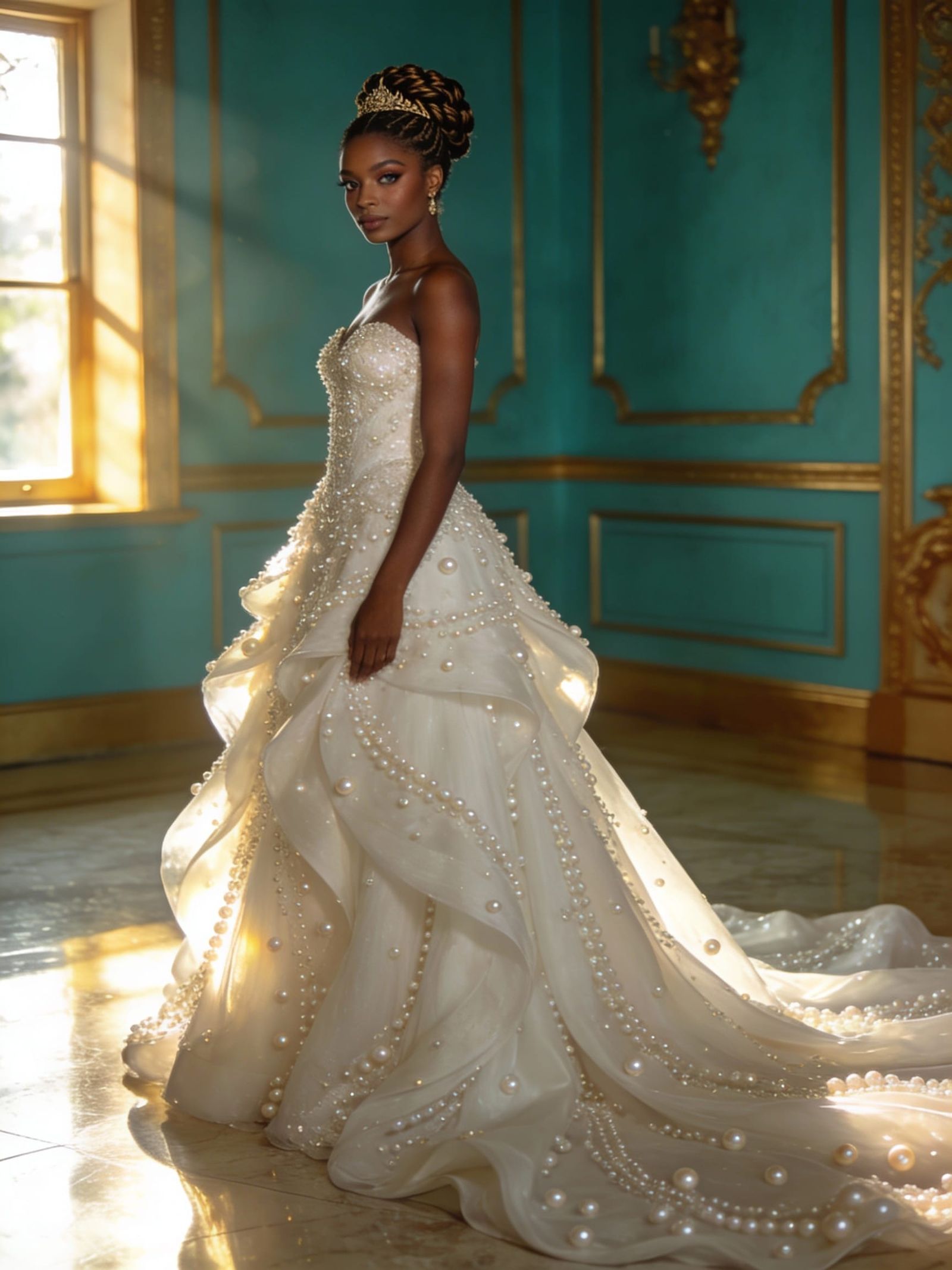 Elegant Bride in Pearly Wedding Gown, Regal Updo