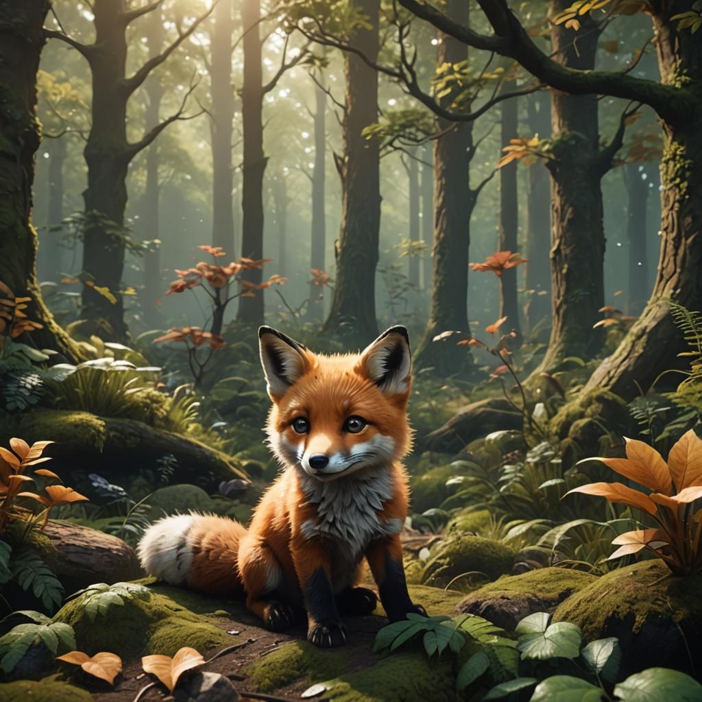 Adorable Baby Fox in Forest: Detailed Matte Painting