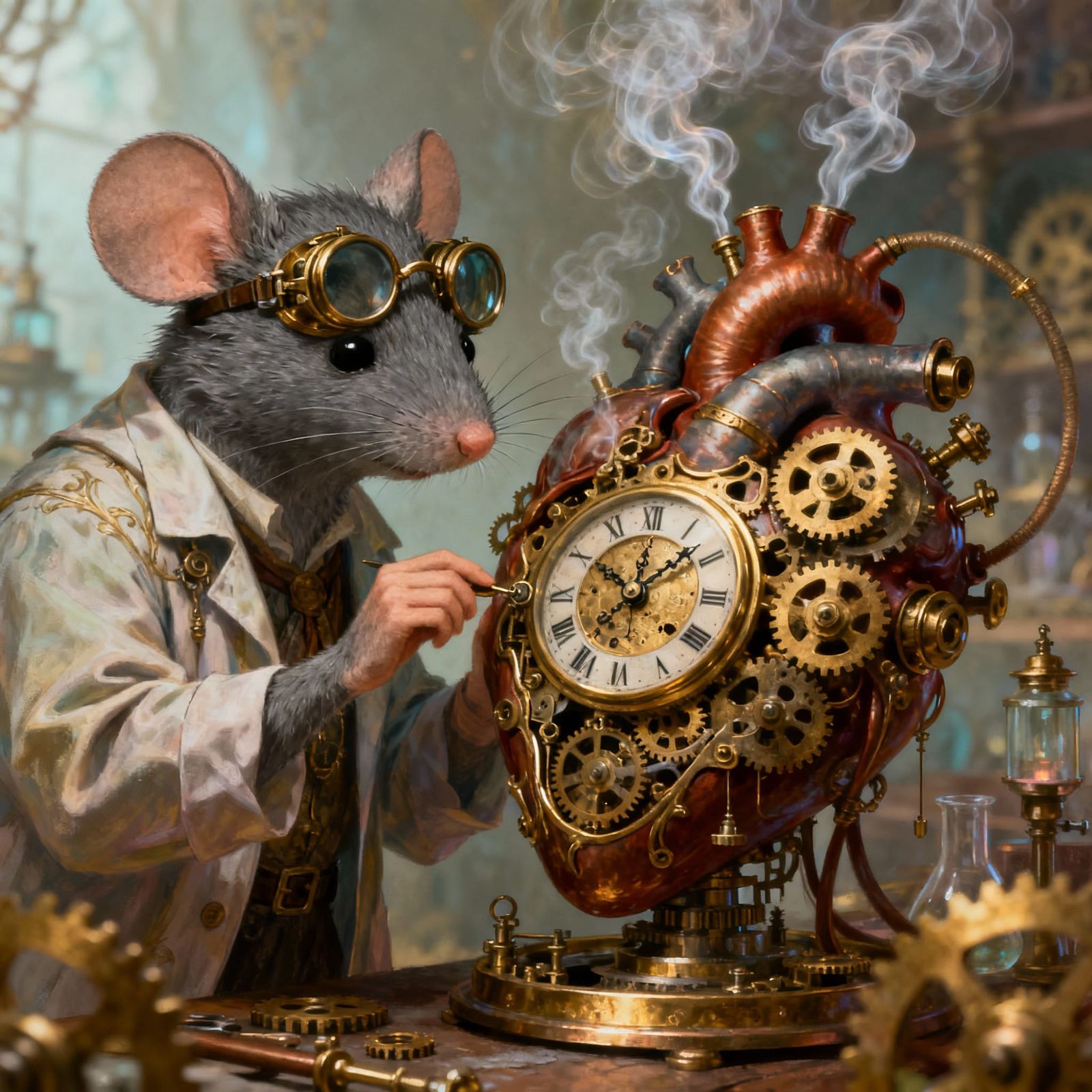 Mouse Tinkerer Examines Clockwork Heart in Dreamy Fantasy St...
