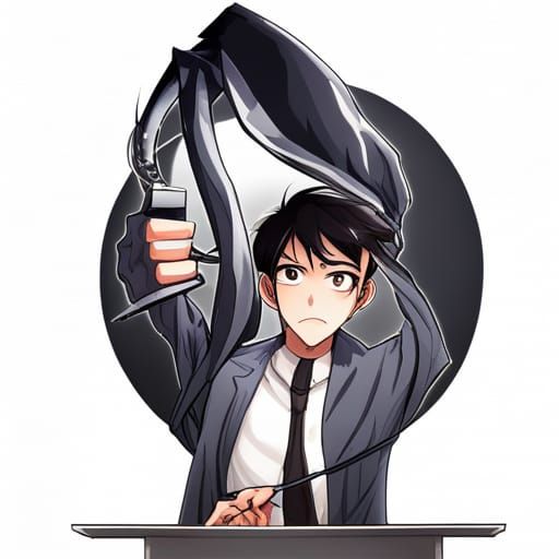 Goofy Grim Reaper in Anime Style Office