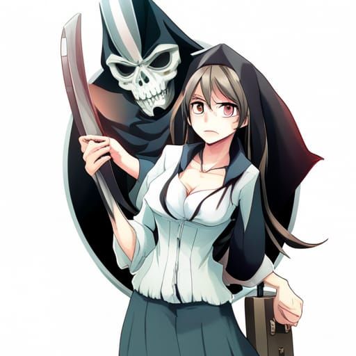 Smiling Grim Reaper in Anime Style Office