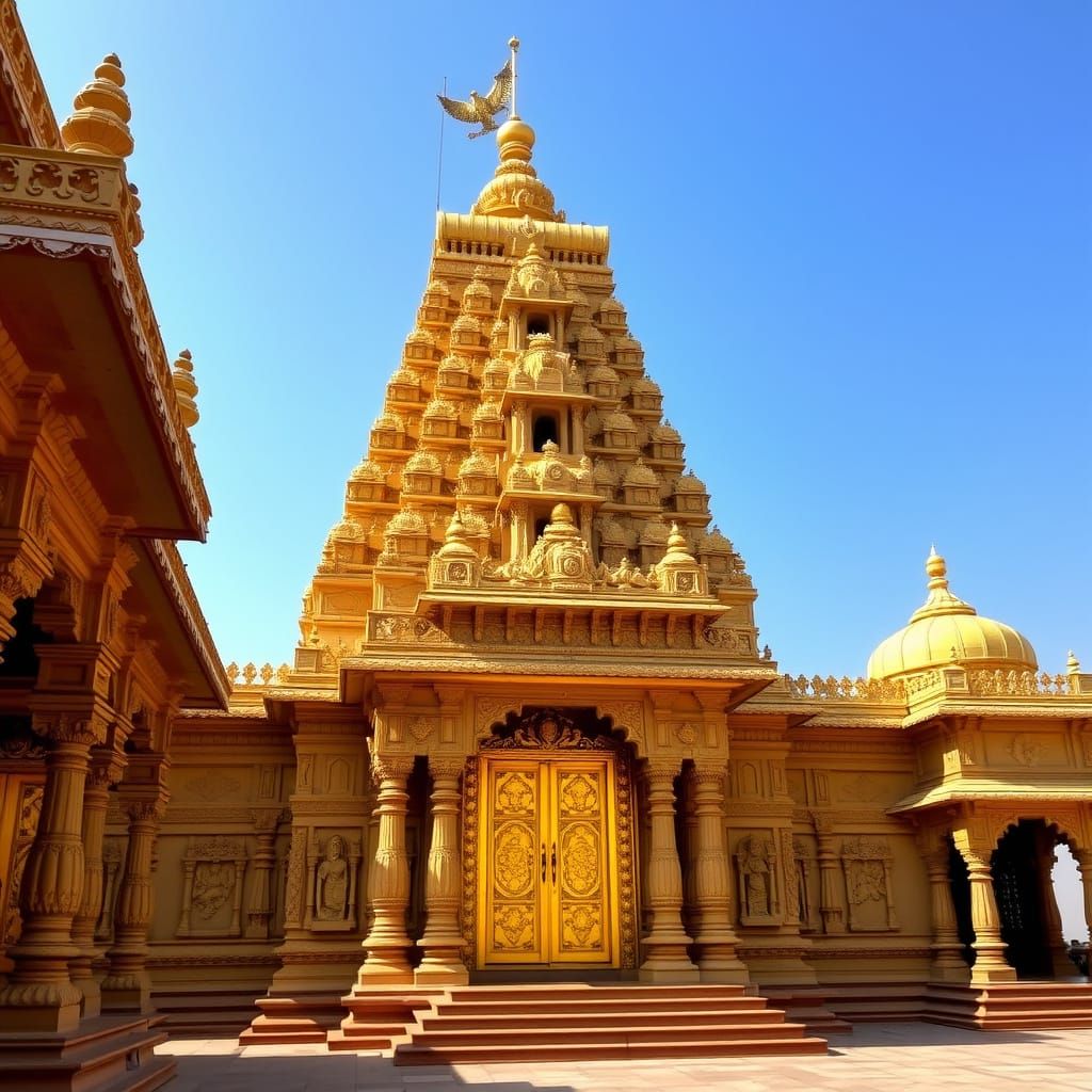 Classic Indian Temple with Golden Shikhara and Intricate Car...