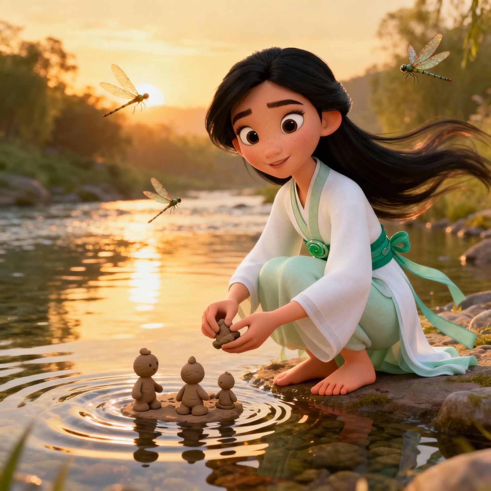 Chinese Girl Nüwa Shaping Clay by River at Sunset