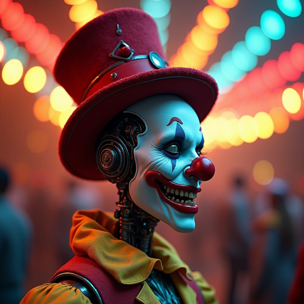 Sinister AI Robot Clown in Vibrant Colors