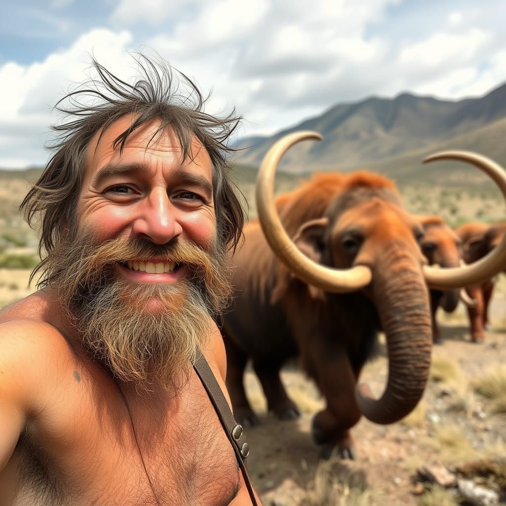 Neanderthal Man Smiles as Mammoth Herd Roams in Background