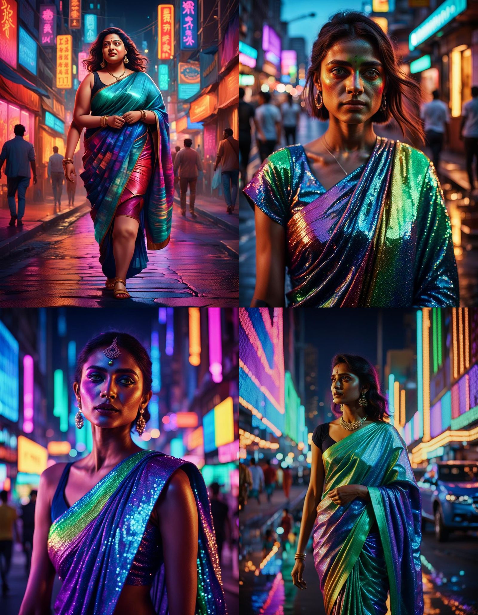 Curvy Woman in Rainbow Saree, City Night