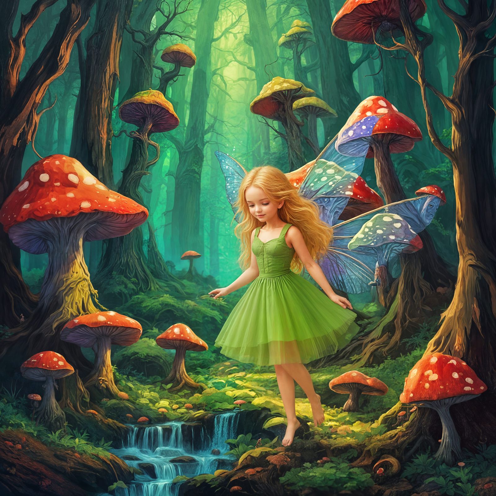 Enchanted Forest with Red Mushrooms, Fairies, and Trolls