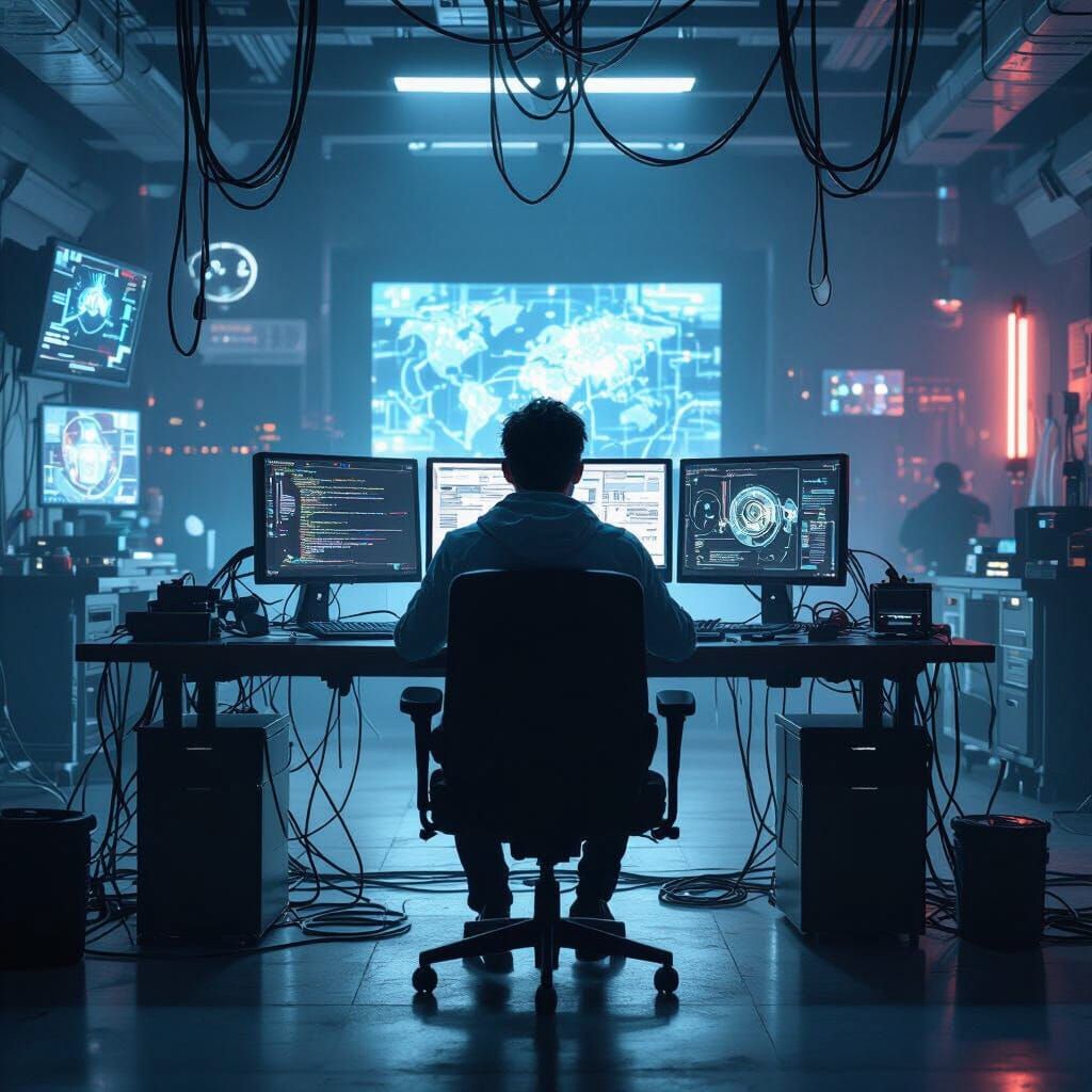 Person Working at Futuristic Desk, in Retro-Futuristic Style