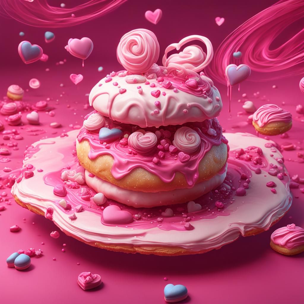Pink Heart Cream Bun Dessert: Detailed Digital Painting