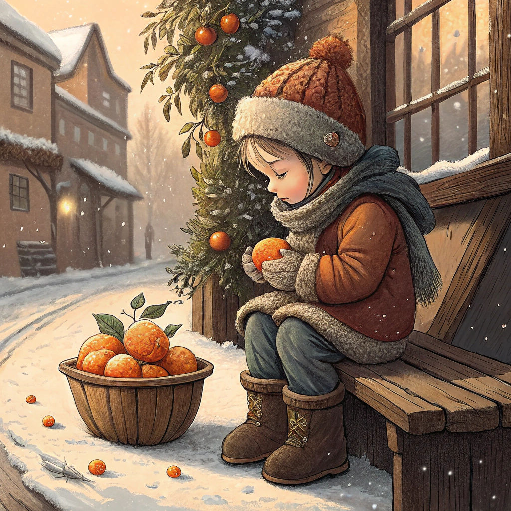 Child Peeling Clementine: Whimsical Winter Scene