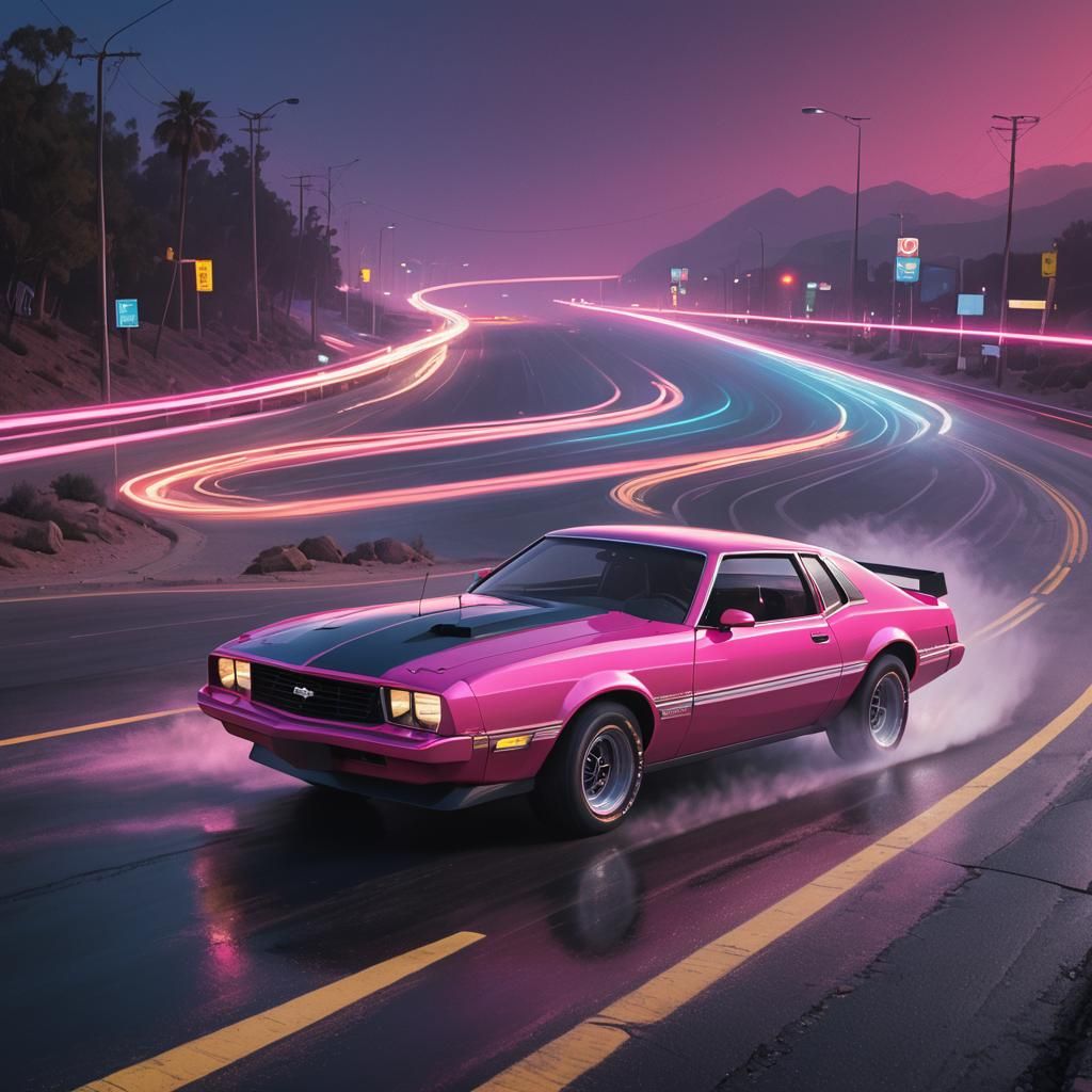 Pink Mustang Drifting on Neon Road