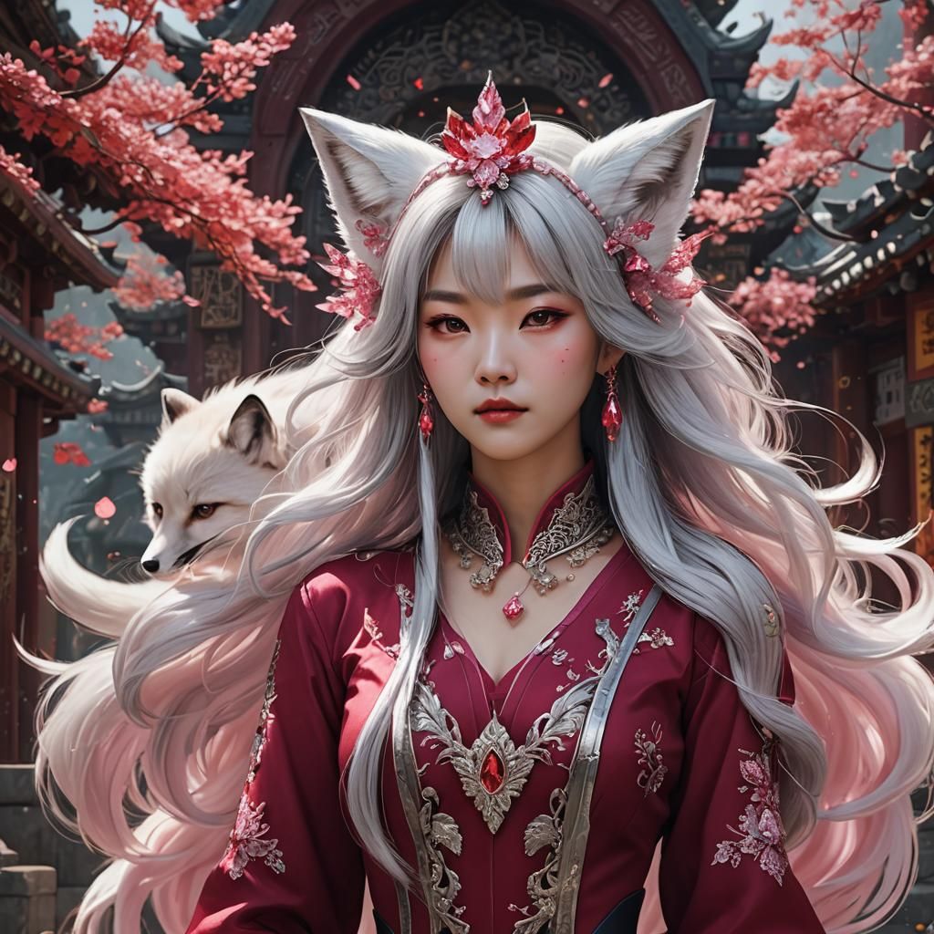 Korean Woman with Fox Ears in Detailed Matte Painting